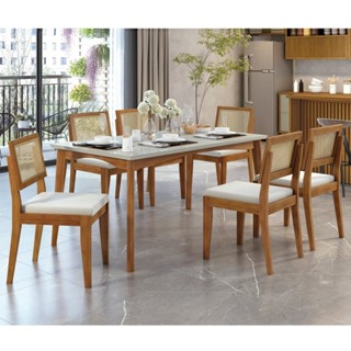 Conjunto Sala de Jantar Mesa Monalisa com 6 Cadeiras Rainha em Madeira Maciça Mel Natural/Off White em Oferta na Shopee