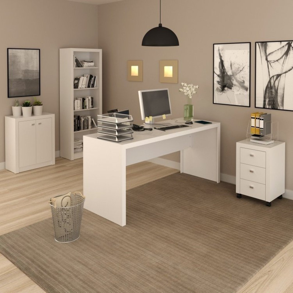 Conjunto 4 Peças com 1 Mesa 1 Balcão 1 Estante 1 Gaveteiro Espresso Móveis Branco Branco