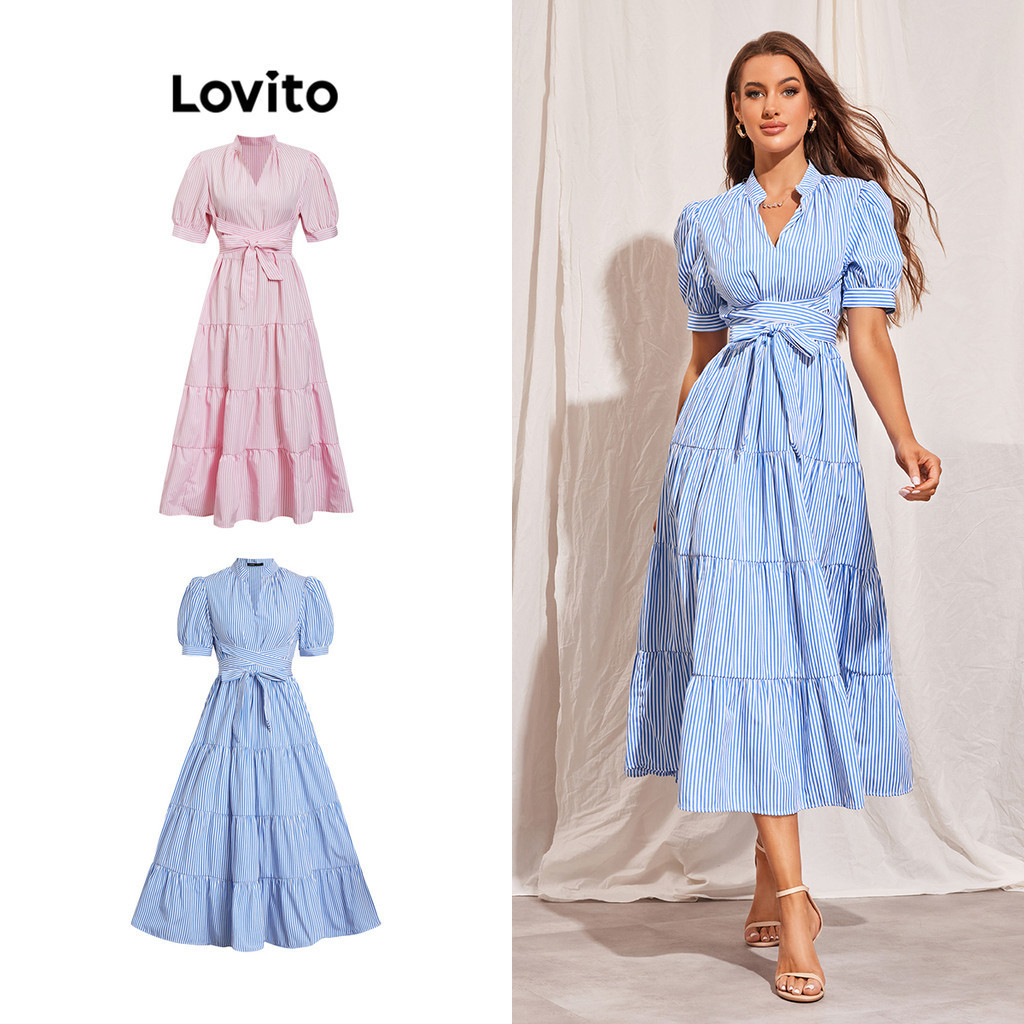 Lovito Casual Vestido Feminino Maxi Listrado Com Gola V Manga Bufante Camadas E Babados Para Verão L45LD042 (Azul)