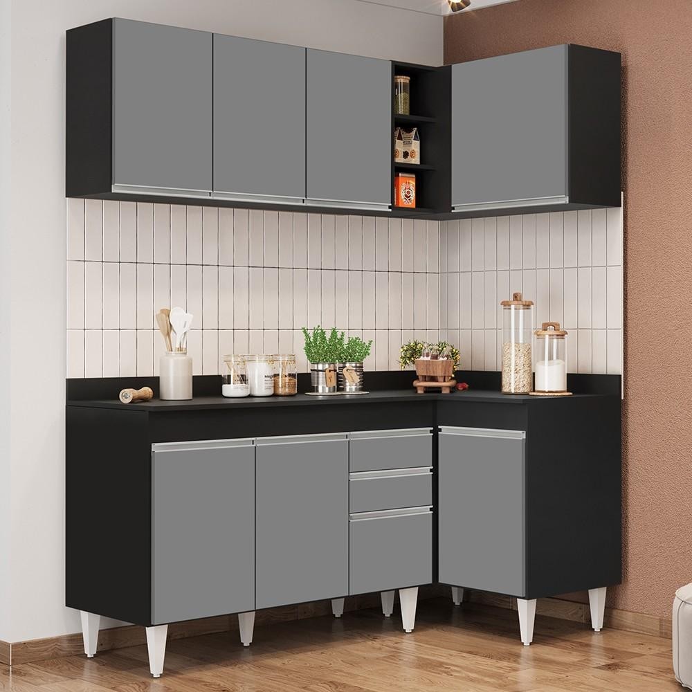Armário de Cozinha Modulado de Canto Esquerdo 4 Peças CP47 Balcão com Tampo Preto/Cinza - Lumil em Oferta na Shopee