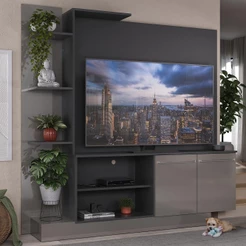 Estante com Painel TV 55" e 2 portas Denver Multimóveis Preto/Lacca Fumê