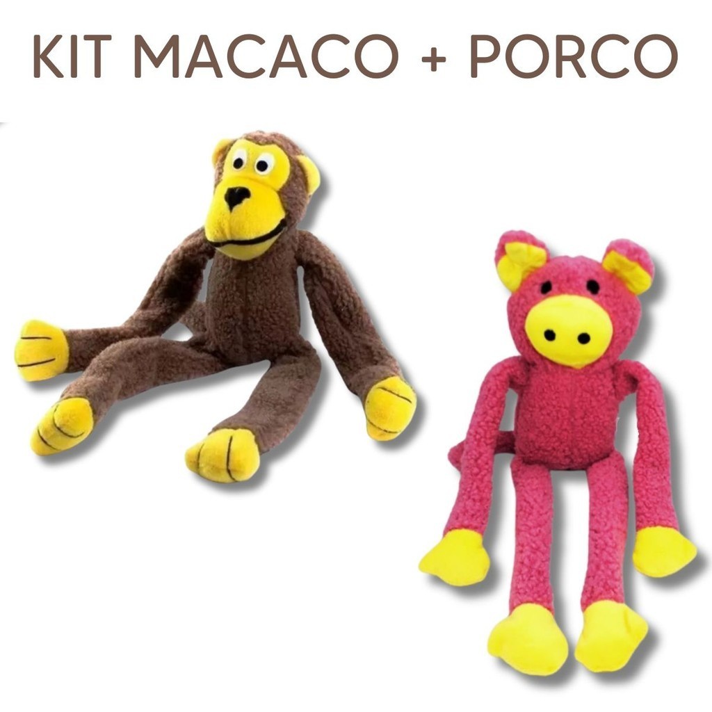 Kit 2 Brinquedo de Cachorro Pelúcia Pet Macaco Porco Grande Bichinho Mordedor com Apito Som