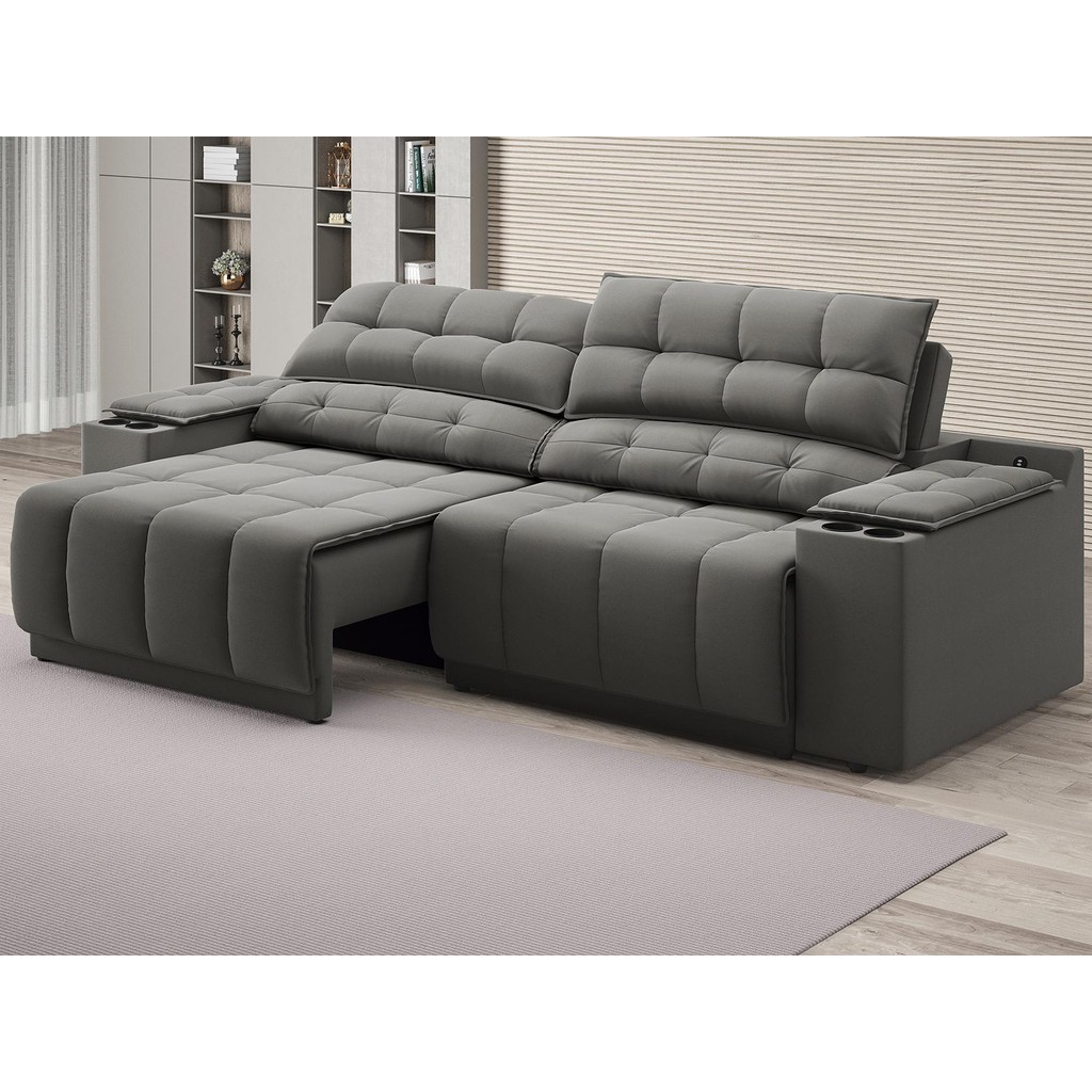 Sofá com Porta Copos Carregador USB Ret Rec Samurai 2,50m Velosuede Cinza - NETSOFAS