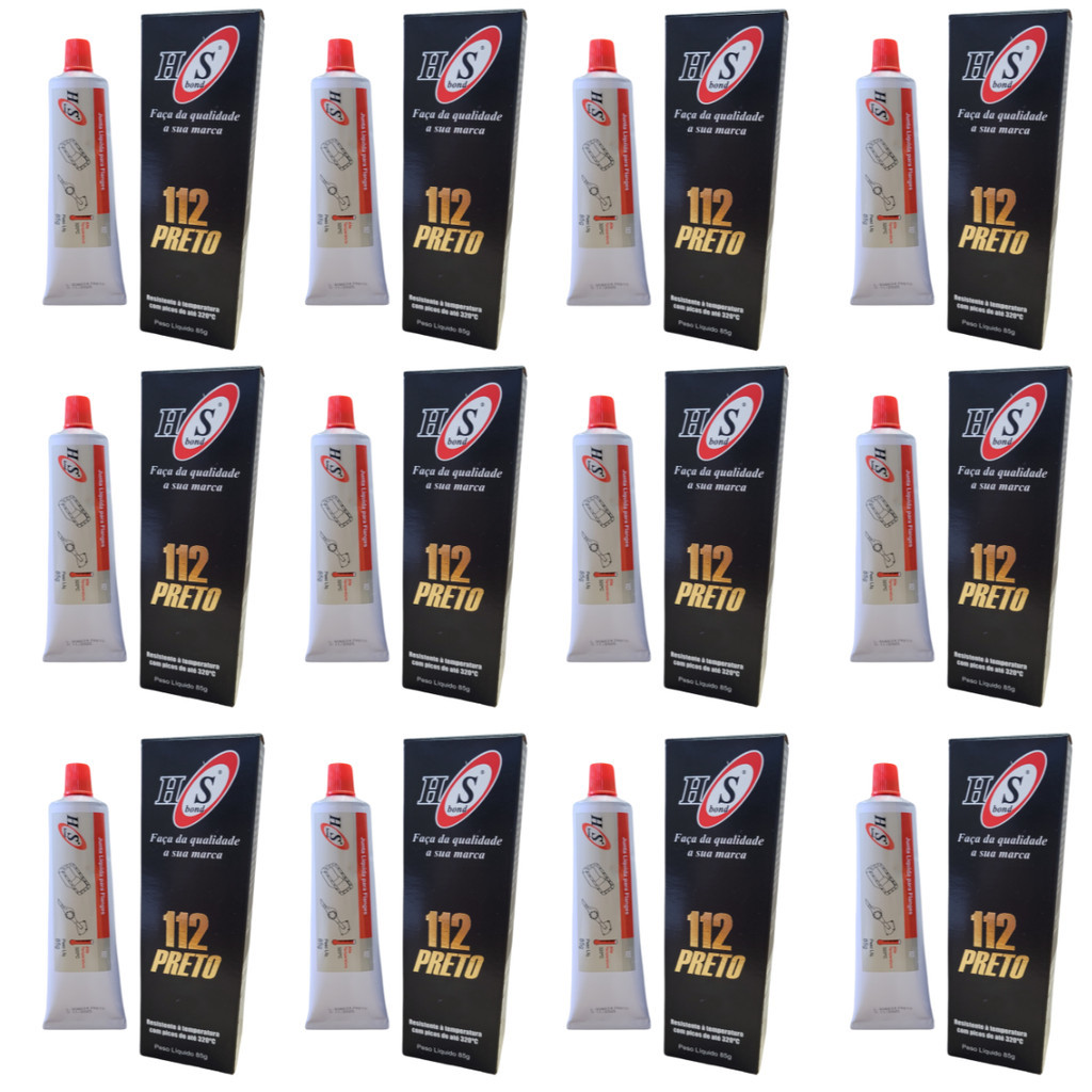 Caixa 12 Tubos Cola Silicone Alta Temperatura 112 Preta 85g HS Bond APLICAÇÕES Tampa de válvulas Bombas D'agua Protetor de Poeira Coletor de Admissão Carteres Tampa de Cabeçote Tampa Dianteira Carcaça Diferencial