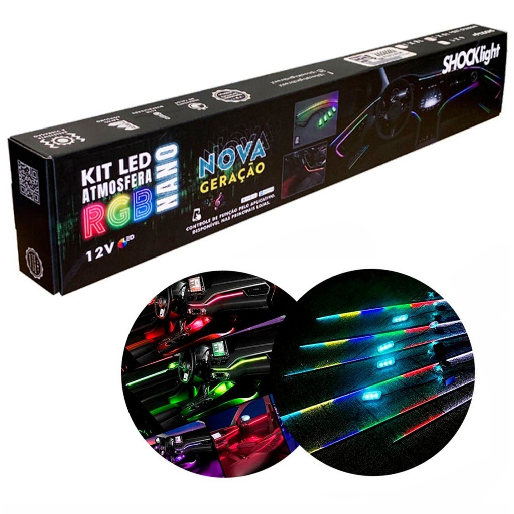 Kit Led Automotivo Atmosfera Nano Rgb Painel Neon 18x1 12v Shocklight