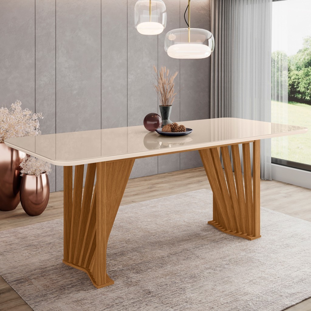 Mesa de Madeira Adriana com Vidro Nature/Off White Sc46 - Henn