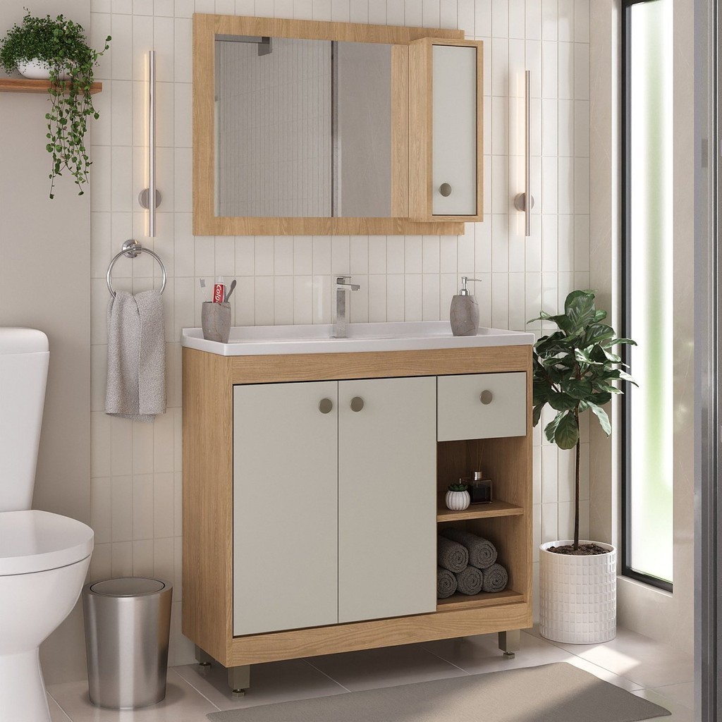 Armário Conjunto de Banheiro com Gabinete, Cuba e Espelheira 3 Portas 80 cm em Oferta na Shopee