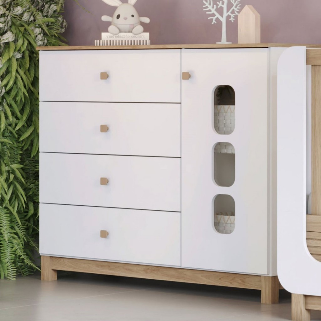 Cômoda Infantil Aconchego 1 Porta 4 Gavetas Branco/Jequitibá Hp - Henn em Oferta na Shopee