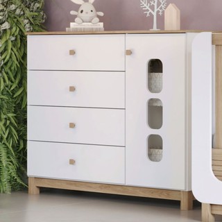Cômoda Infantil Aconchego 1 Porta 4 Gavetas Branco/Jequitibá Hp - Henn em Oferta na Shopee