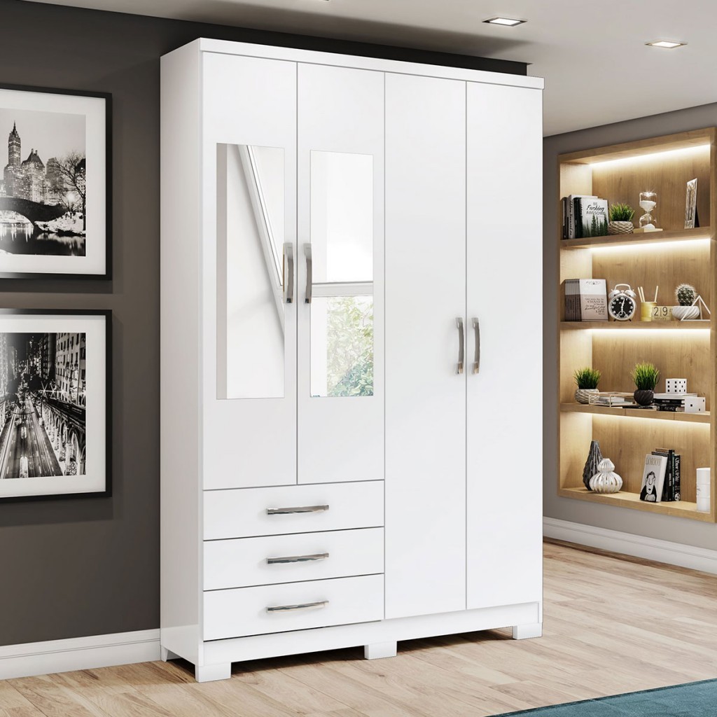 Guarda-Roupa Solteiro Caju 4 Portas e 3 Gavetas com Espelho Branco - Henn em Oferta na Shopee