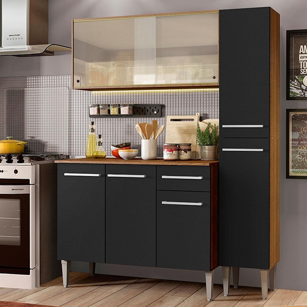 Armário de Cozinha Compacta Madesa Emilly Force com Balcão e Paneleiro Rustic/Preto - Home & Living
