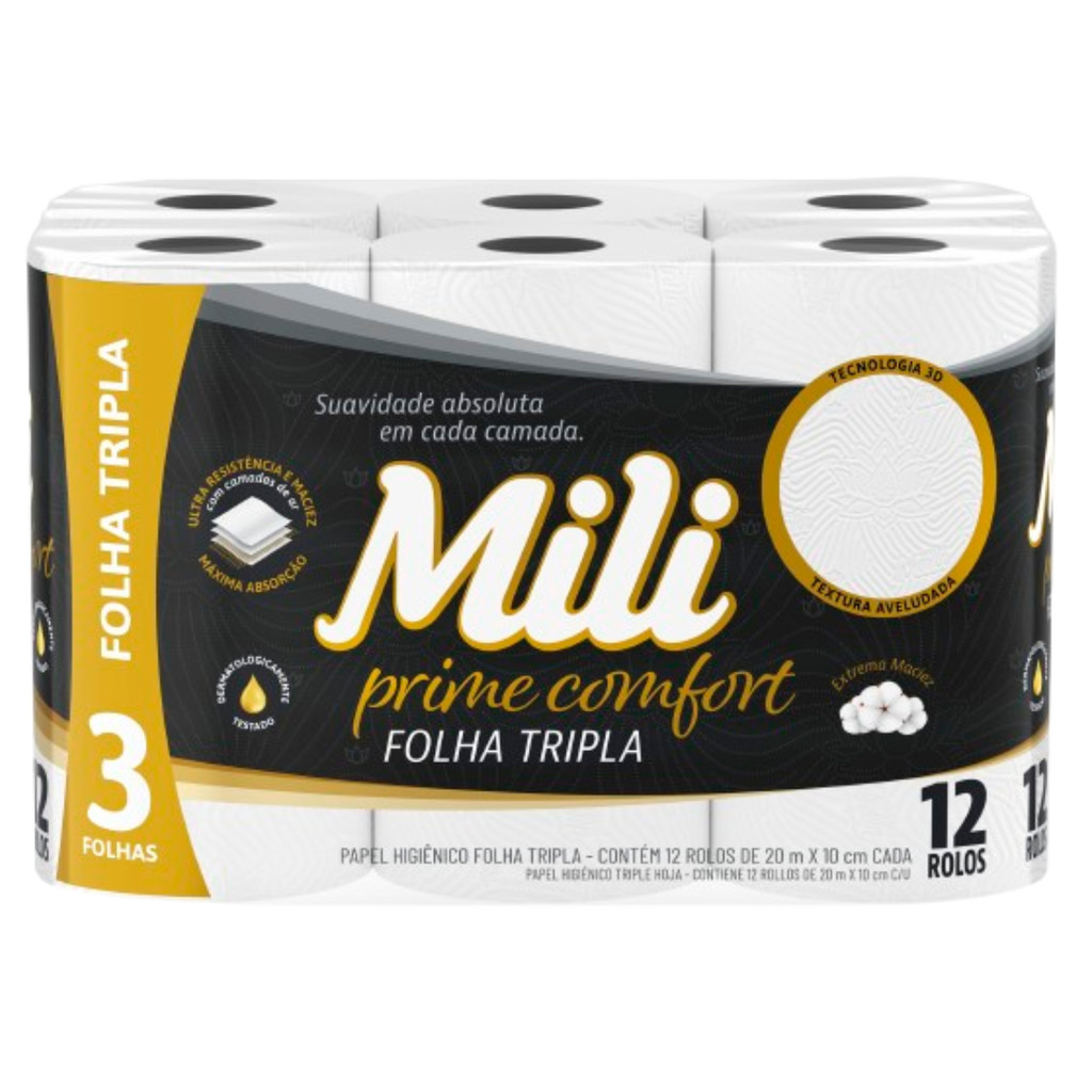 Papel Higienico Mili Folha Tripla Prime Confort  12 rolos