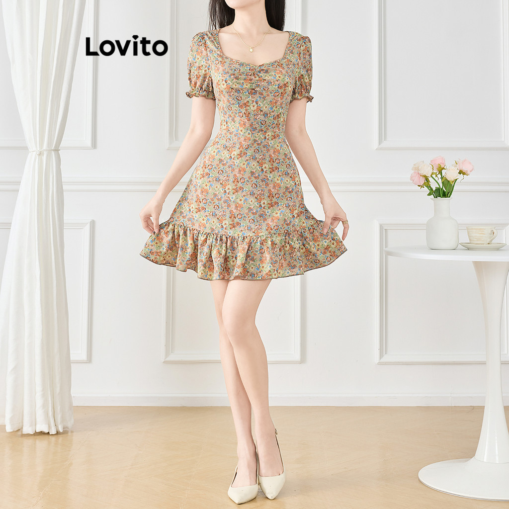 (Trendy) Lovito Boho Ditsy Floral Ruffle Hem Vestido para Mulheres L120ED063 - Women Clothes