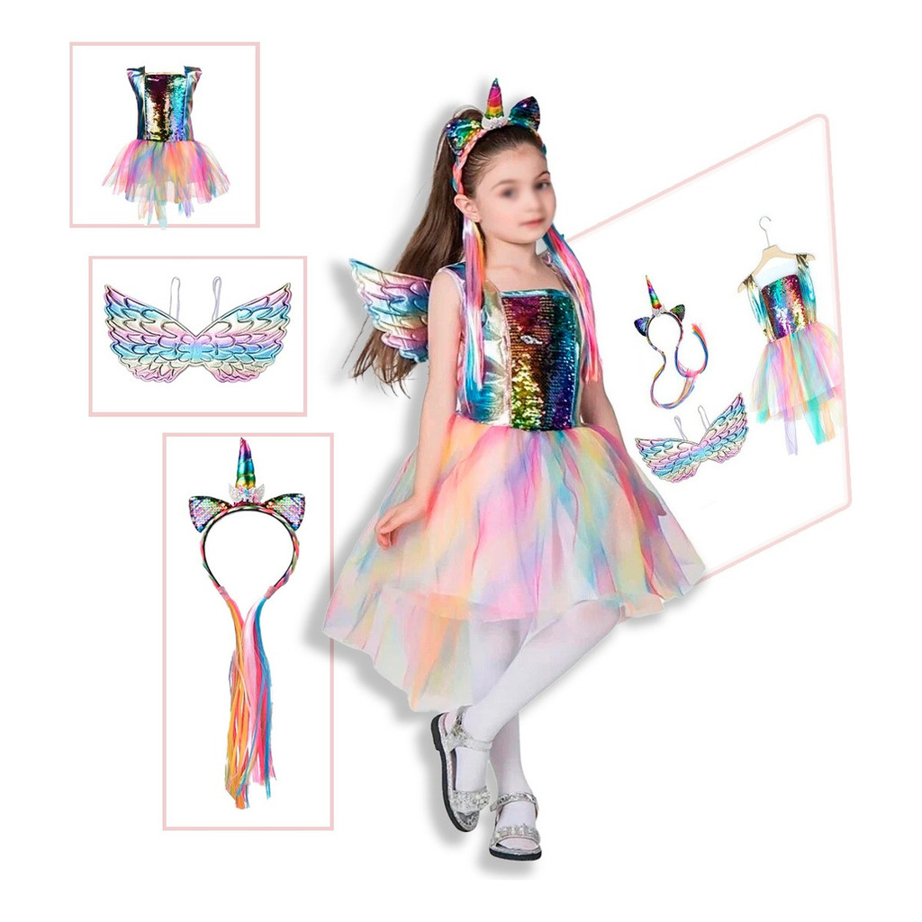 Fantasia Unicórnio Vestido Luxo Paete Unicórnio Com Tiara e Asa Infantil