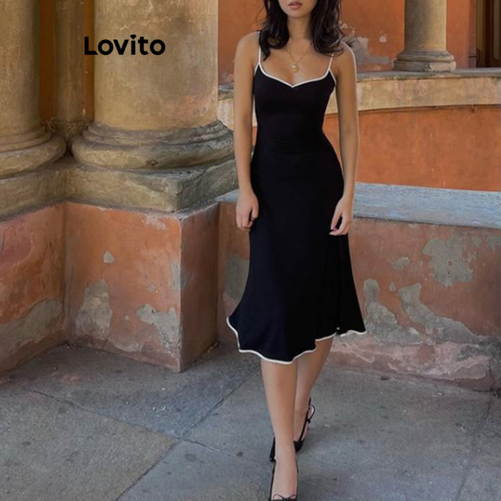 Lovito Elegante Vestido Feminino Liso Colorblock L68ED175 (Preto) - Women Clothes