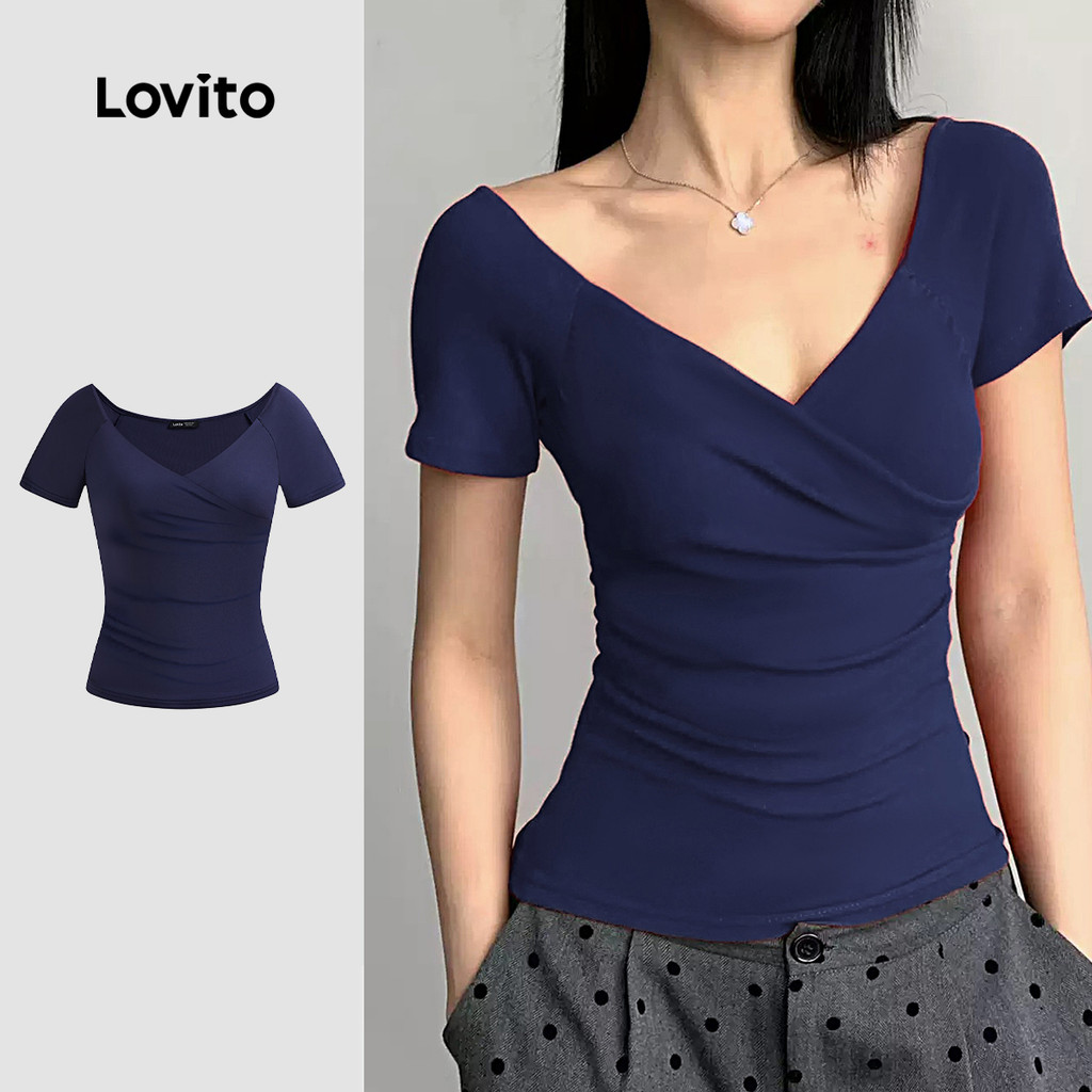 Lovito Camiseta Casual com nó liso para mulheres L121AD1022 - Women Clothes