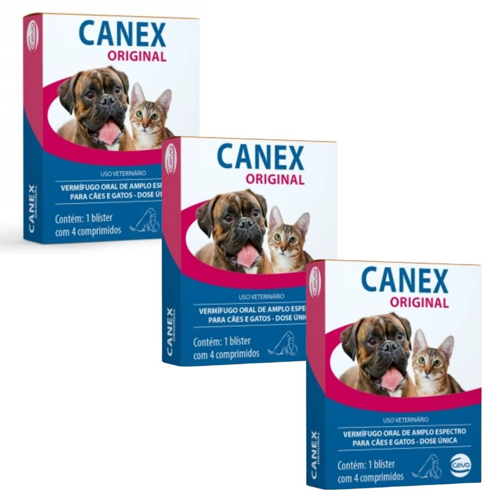 03 Canex Original Para Verme Cães Gatos Vermífugo Dose Única