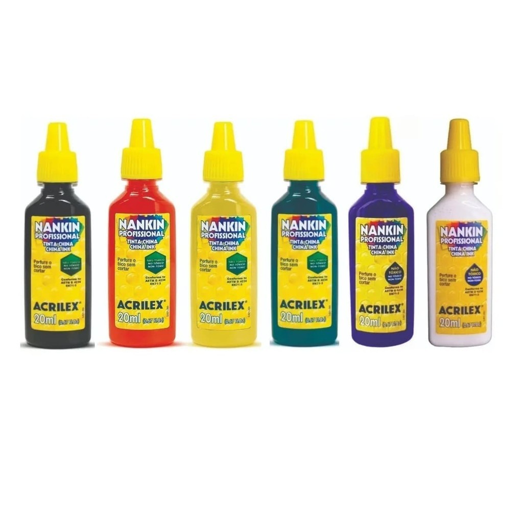 Kit 6 Tinta Nanquim Acrilex Cores Diversas Nankin 20ml cada