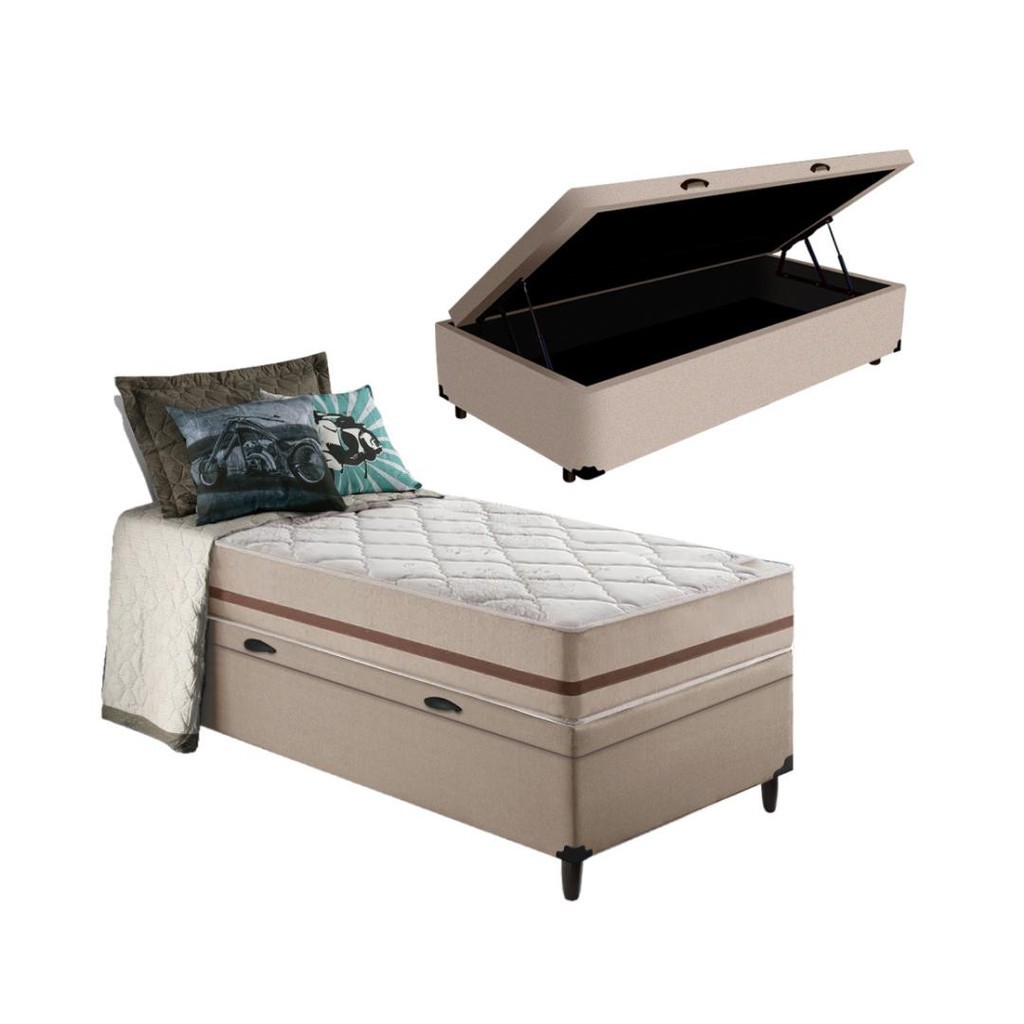 Cama Box Baú + Colchão Solteiro King Classic Molas Pocket 96x203x64cm - Home & Living