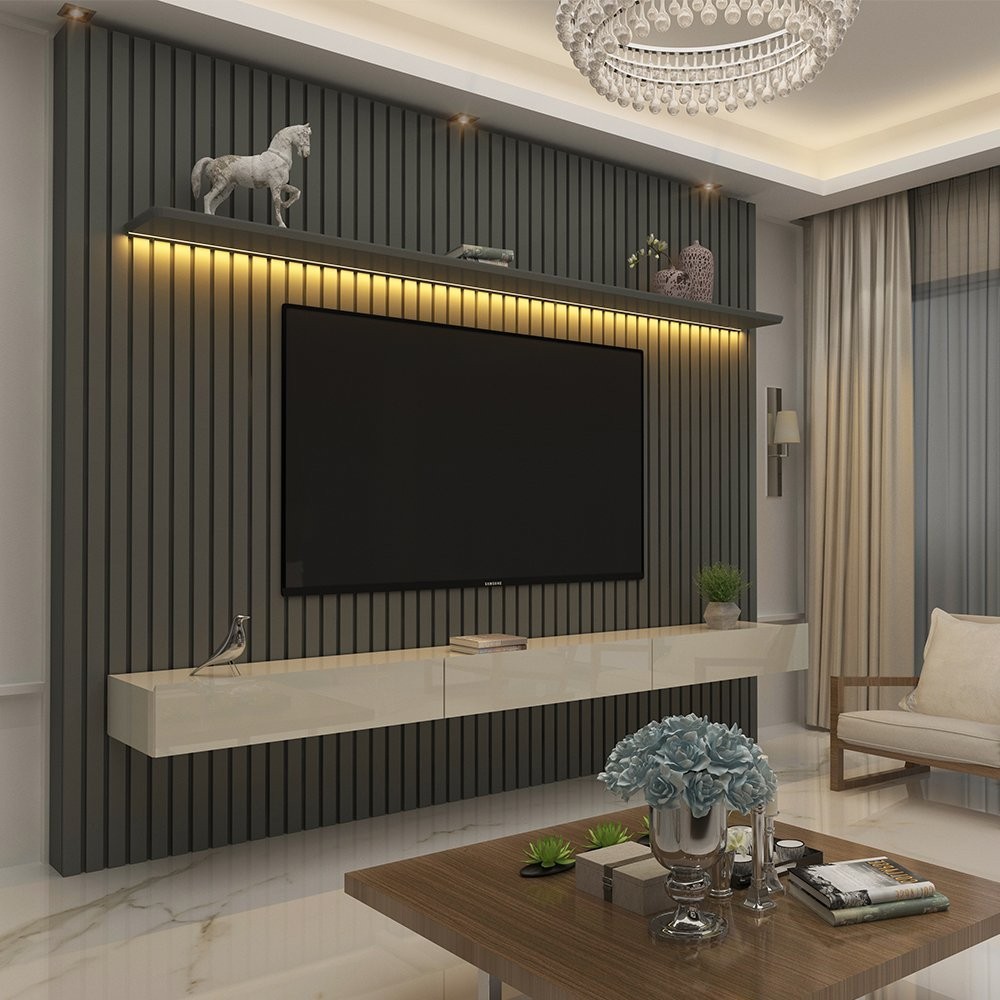 Painel para TV até 90 Polegadas Ripado com LED 3 Gavetas 230cm 100% MDF Nobre Grafite/Off ...