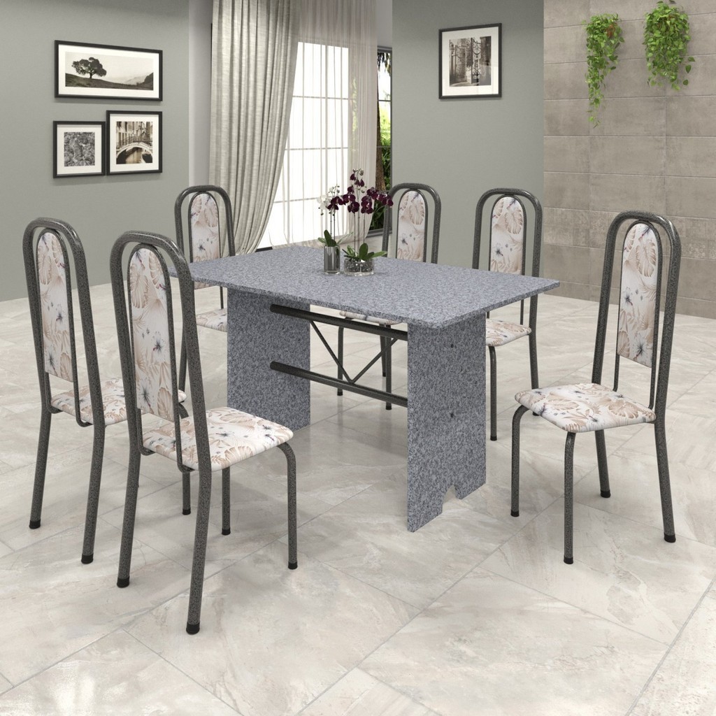 Conjunto de Mesa 140x75cm Tampo Granito com 6 Cadeiras Lavínea  Martelado Prata/Ocre/Botanic Bege em Oferta na Shopee