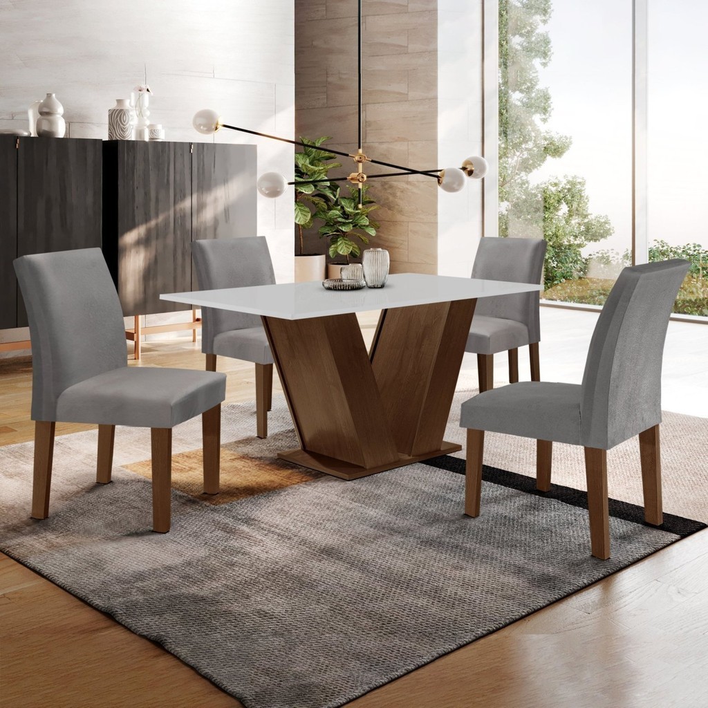 Conjunto Sala de Jantar Mesa 120x80cm Tampo MDF com 4 Cadeiras Espanha Yescasa Chocolate/Grafite/Suede Cinza - Home & Living