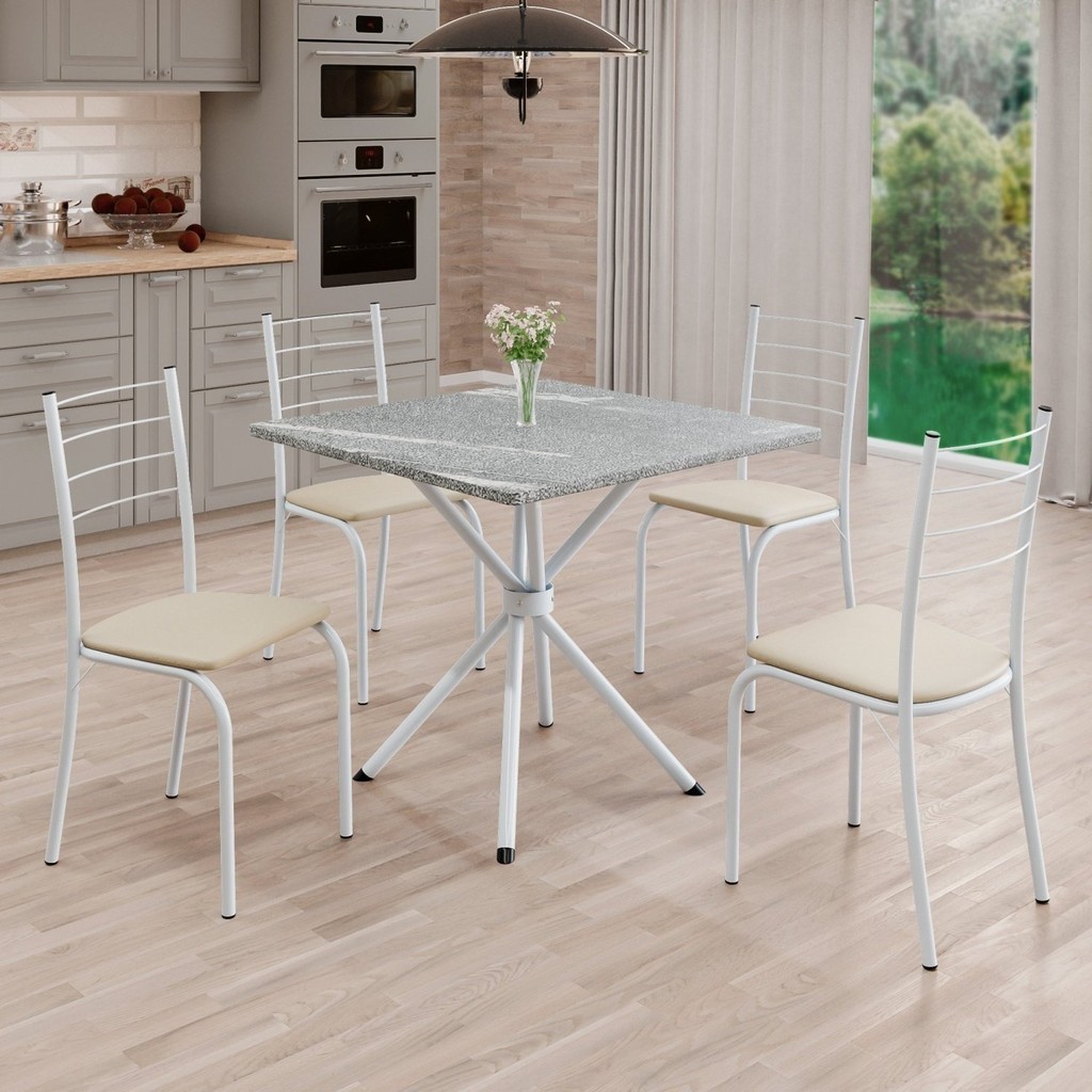 Conjunto Sala de Jantar Mesa Quadrada 70x70cm Tampo Granito Topázio 4 Cadeiras Rio Creme/Branco em Oferta na Shopee