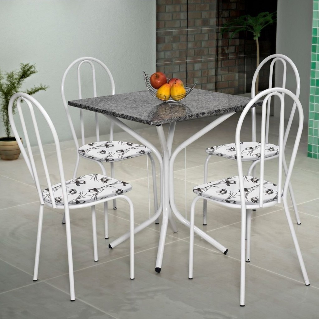 Conjunto Sala de Jantar Mesa Tampo de Granito Quadrada com 4 Cadeiras Thais Branco/Branco Flor - Home & Living
