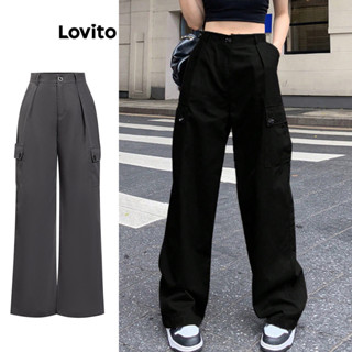 Lovito Calças Básicas com Bolsos para Mulheres L74ED087 (Preto)