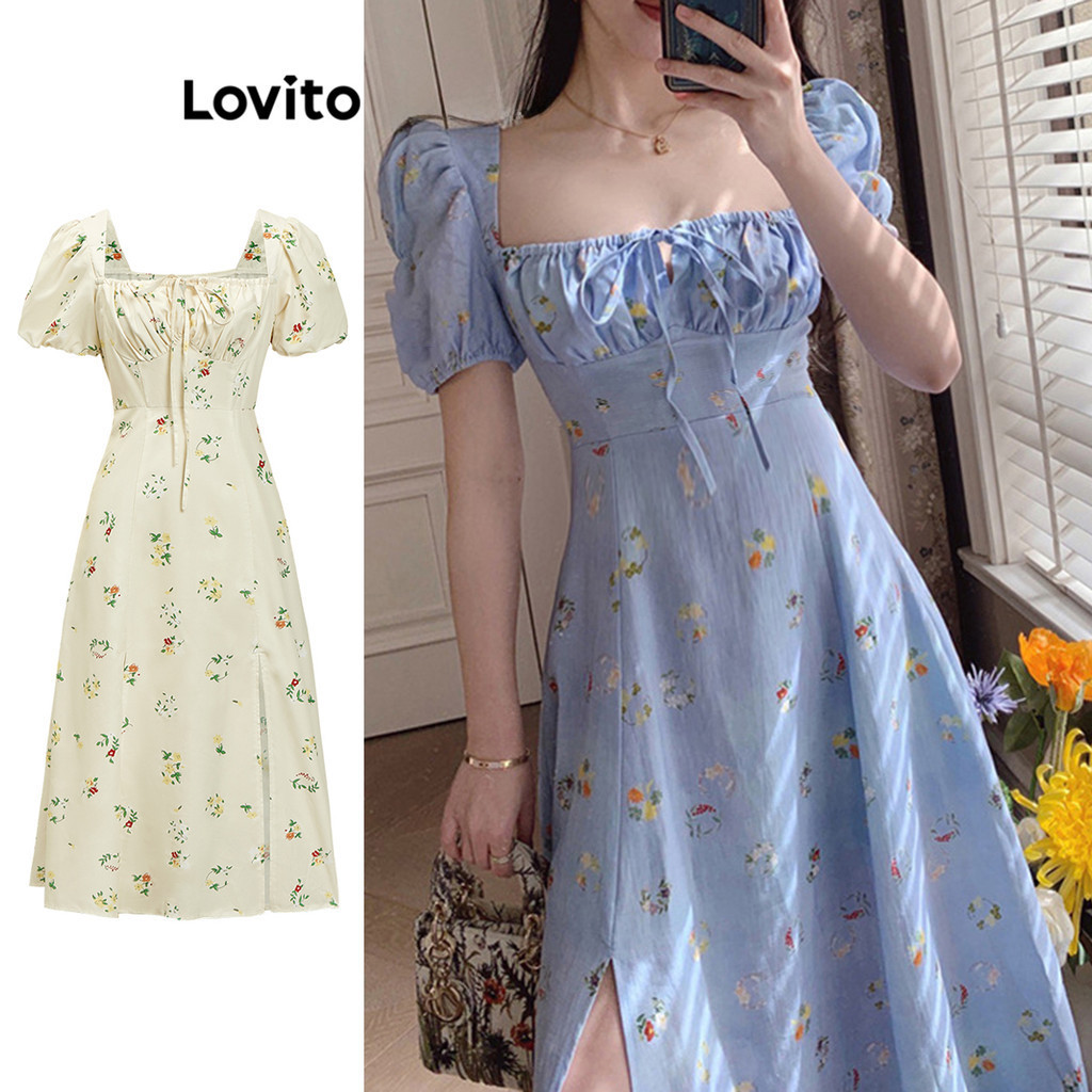 Lovito Casual Vestido Feminino Estampa Ditsy Floral com Cordão LNA37041 (Multicolorido)