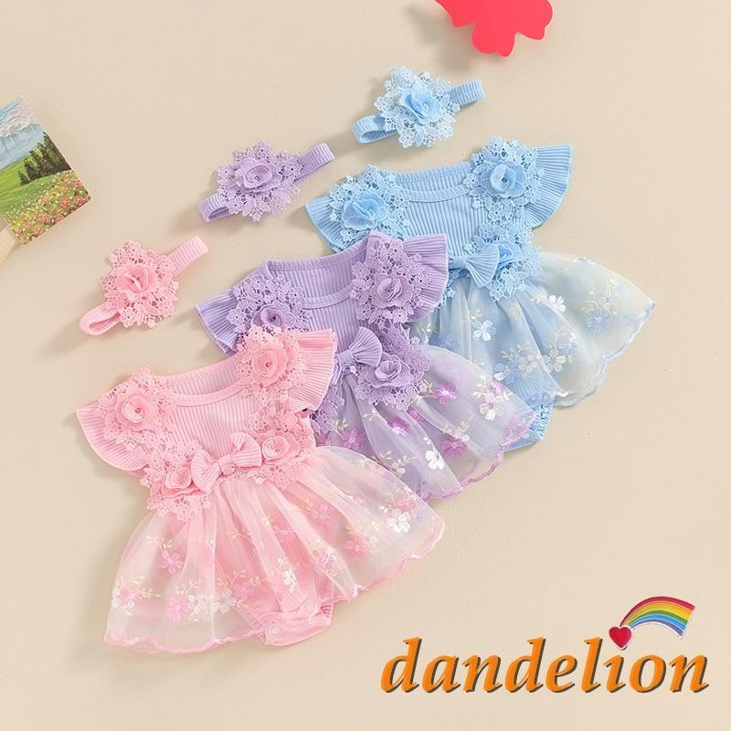Roupas De Verão Para Bebês Com Manga De Mosca Vestido De Tule Romper Bordado Fita De Cabeça