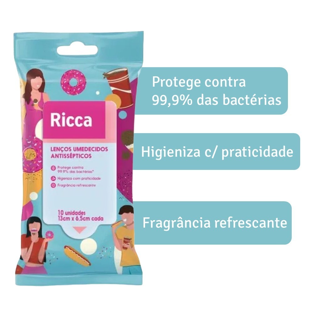 Kit c/ 3 Pct Lenços Umedecidos Atissépticos Ricca Fragrância Refrescante 10 Unidades