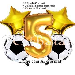 Kit 5 Balão Metalizado 2 Bola de Futebol 22cm + Número 40cm DOURADO + 2 Estrela 22cm DOURADO Festa em Oferta na Shopee