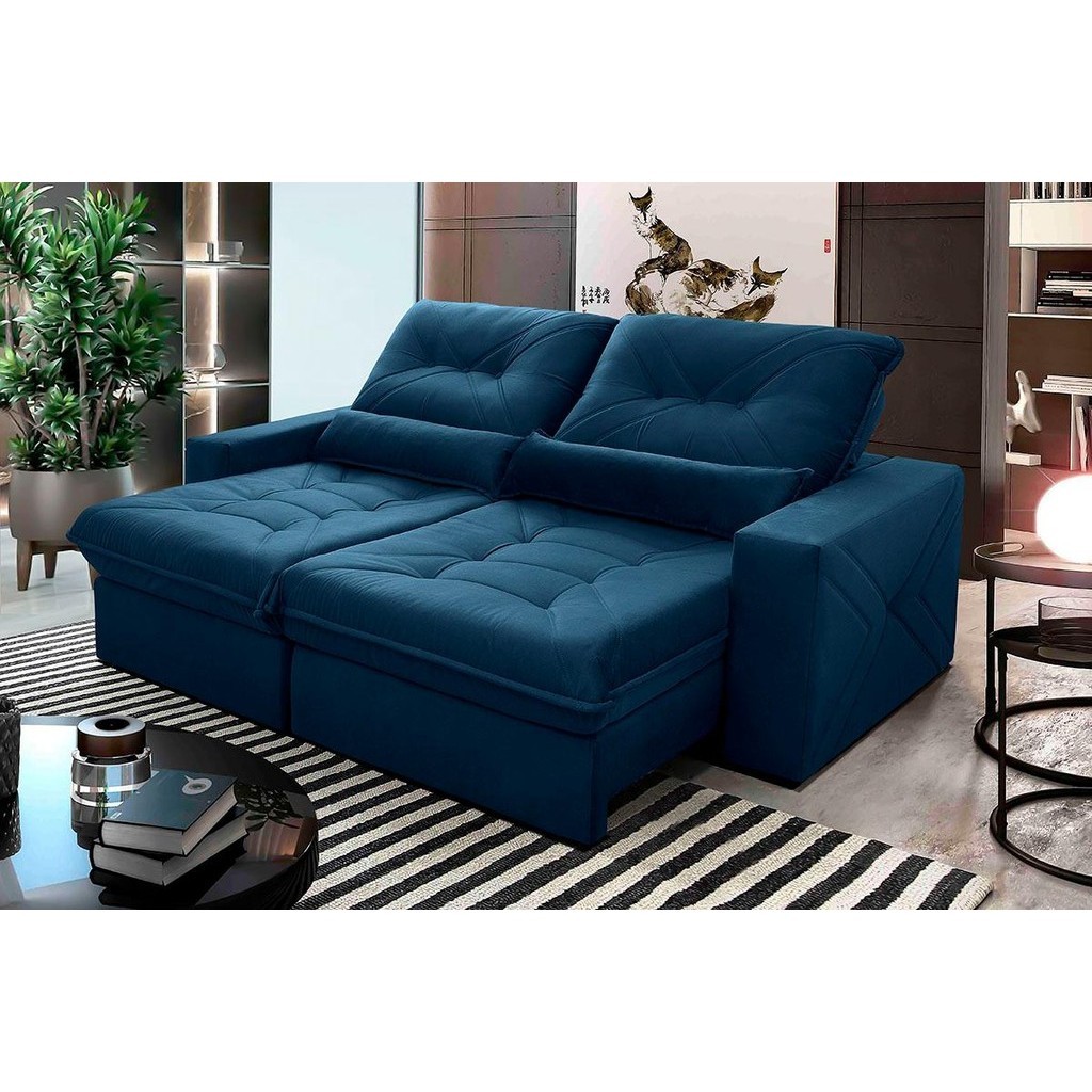 Sofá Retrátil/Reclinável Sevilha 3,00m Suede Velut Azul Marinho c/ Molas Ensacadas - King House - Home & Living