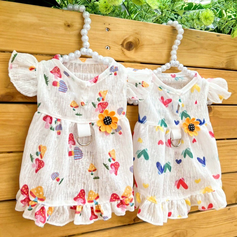 Manga Voadora Vestido De Cachorro Cogumelo Impressão Da Saia Do Gato Com Fivela De Verão Roupas De Estimação Respiráveis