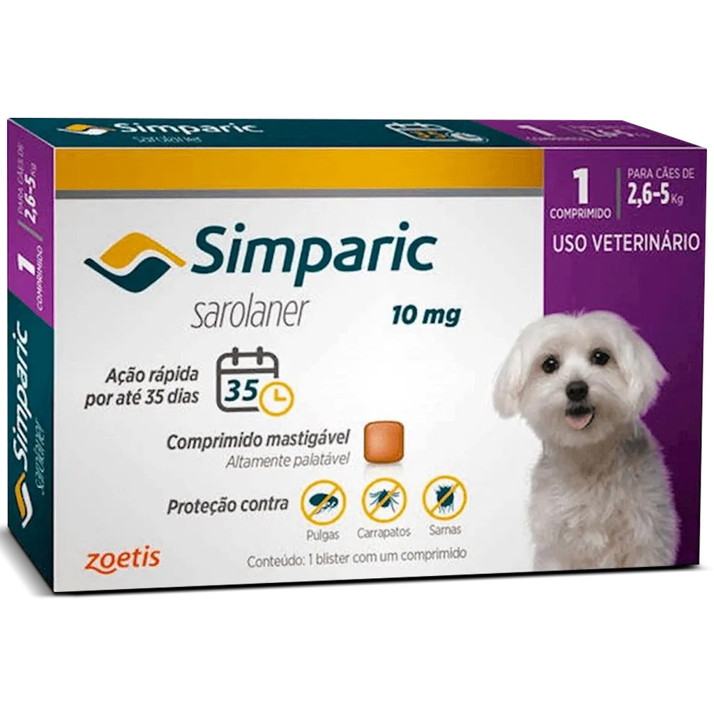 Antipulgas e Carrapatos Simparic 10mg para Cães de 2,5 a 5kg – 1 Comprimido – Zoetis em Oferta na Shopee