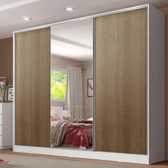 Guarda Roupa Casal 100% MDF 3 Portas de Correr com Espelho - Branco/Rustic Madesa Royale