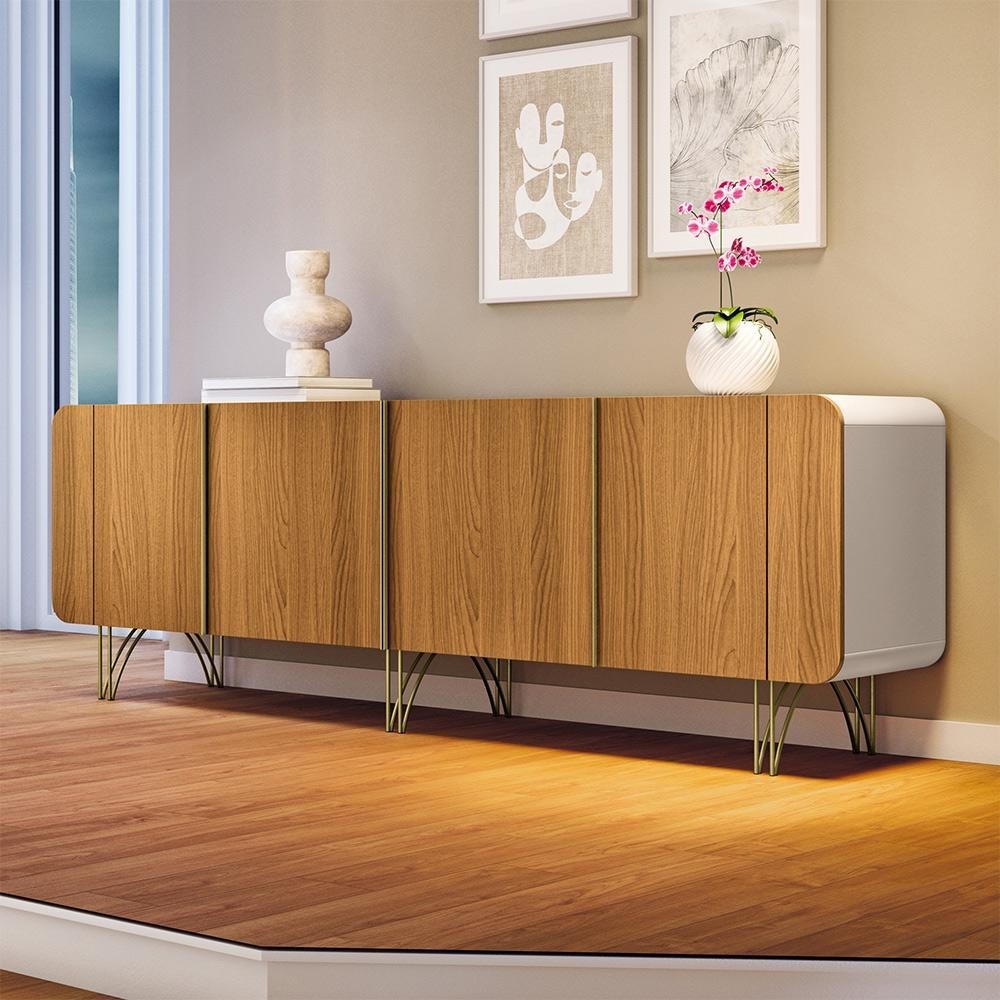 Buffet Decorativo com Puxadores em Alumínio Pés Aço Maciço Virginia Off White/Cinamomo G26 - Gran belo em Oferta na Shopee