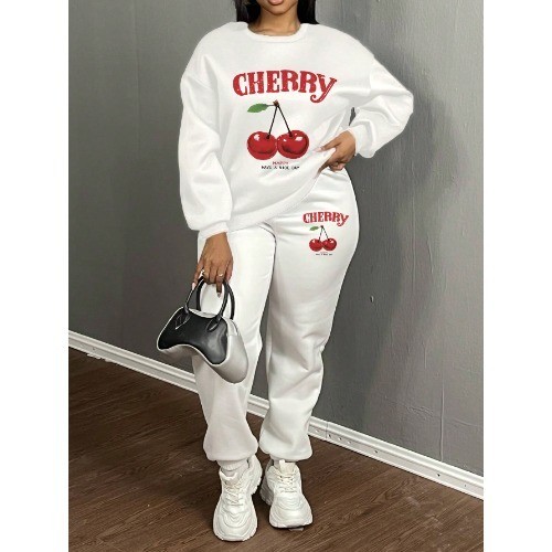 : Moletom Longa de Manga Longa Estampa de Cereja e Calça Moletom Casual Longa com Bainha com Cordão, Outono/Inverno