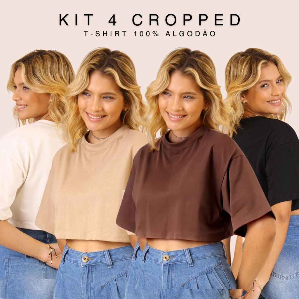 Kit 4 Cropped Feminina Oversize 100% Algodão Camiseta Básica Soltinha Tshirt Manga Curta Confortável em Oferta na Shopee