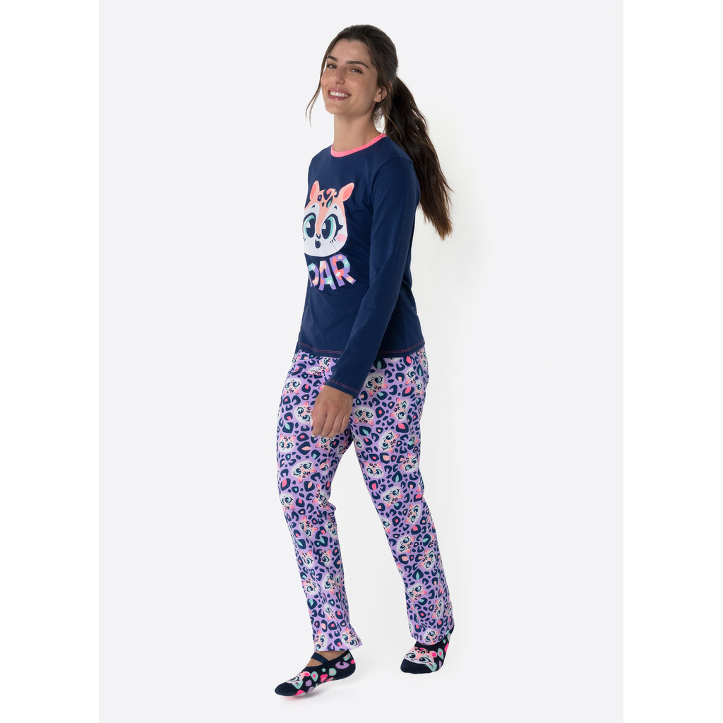 Pijama Manga Longa Algodão Feminino Onça - Puket em Oferta na Shopee