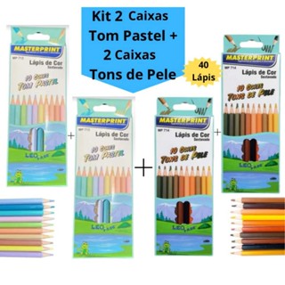 Kit 40 Lápis de Cor (2 Caixas Tom Pastel 10 Cores + 2 Caixas Tons de Pele 10 Cores) Escolar Sextavado - Masterprint em Oferta na Shopee