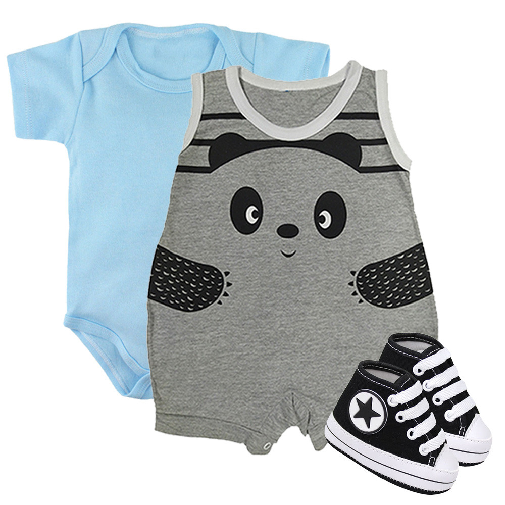 Kit 3 Peças Roupa De Bebê Verão Body Sapatinho E Macaquinho