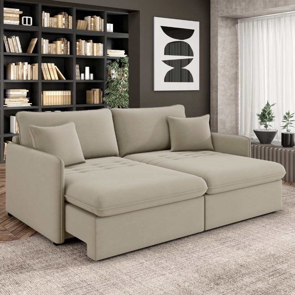 Sofá Cama Retrátil Para Sala de Estar 174cm Una K01 Veludo Bege - Lyam Decor em Oferta na Shopee