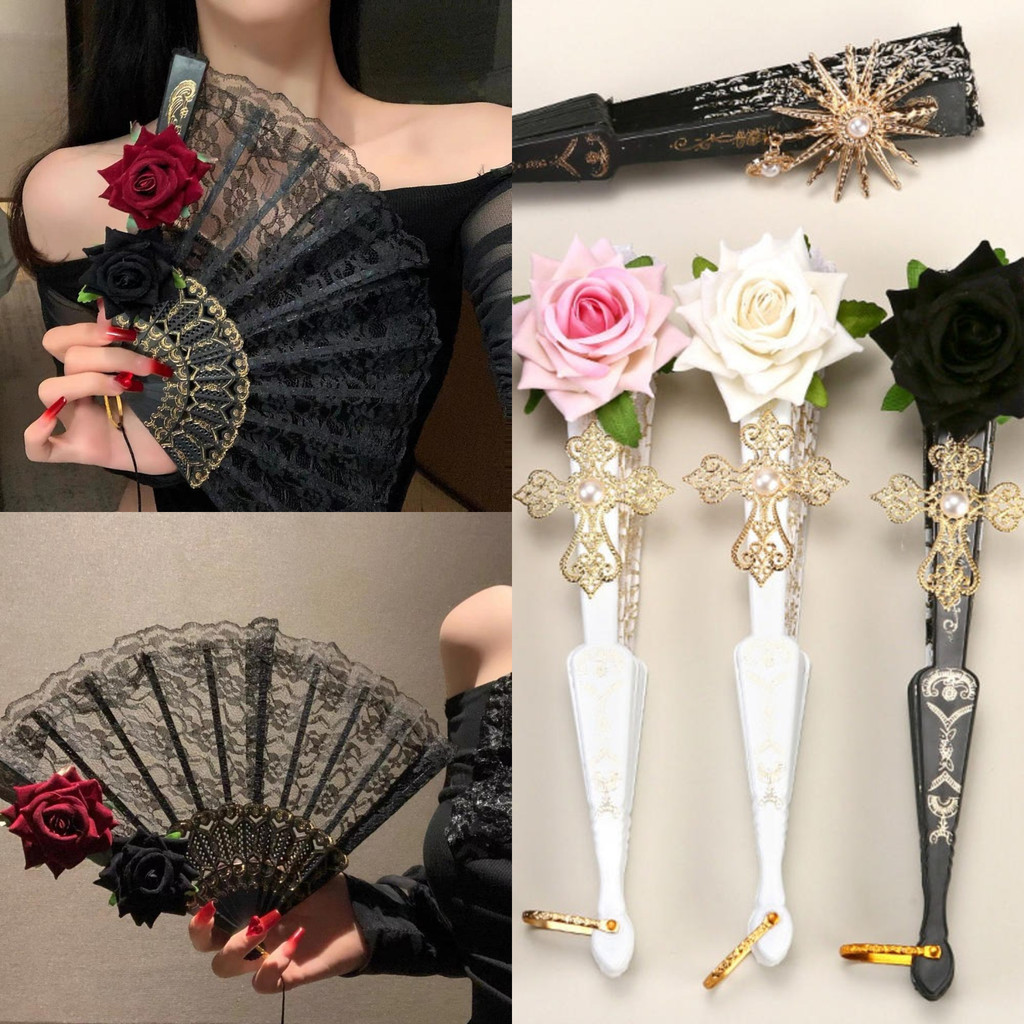 Leque De Mão Preto De Halloween Com Renda Rosa Portátil , Flor Retrô Vintage Espanhol Grande Dobrável Para Mulheres , Me em Oferta na Shopee