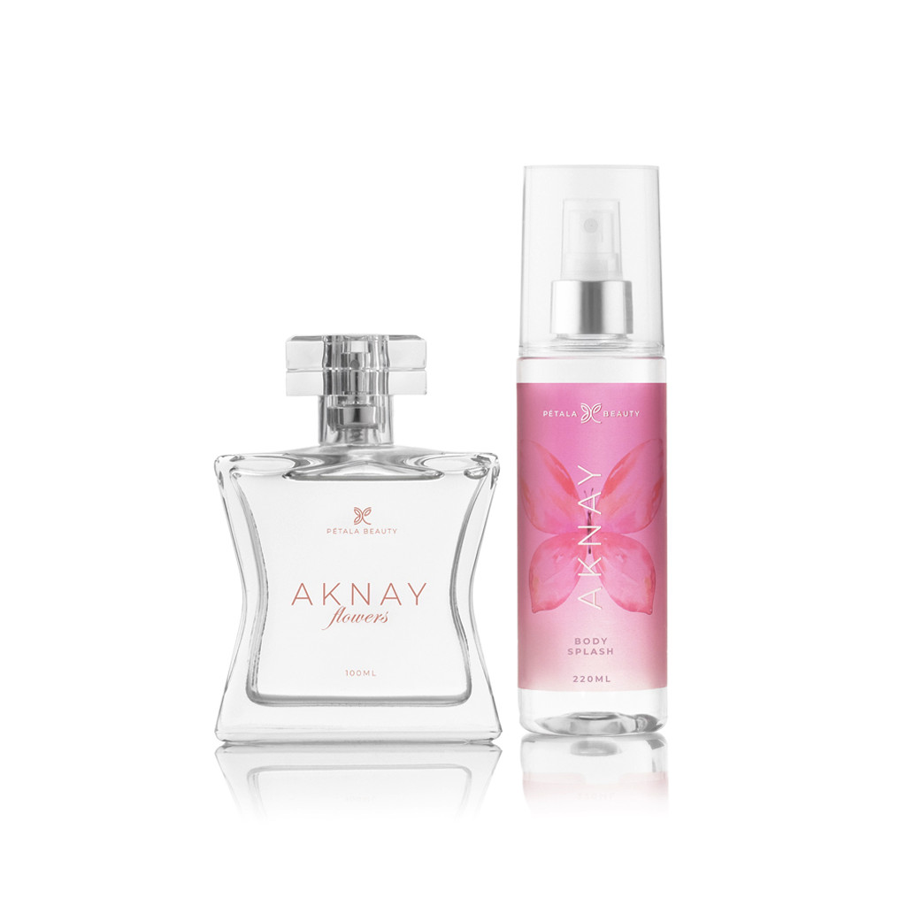 Kit Perfume e Body Splash Feminino Aknay Flowers Petala Beauty Aroma Floral Frutado Refrescante