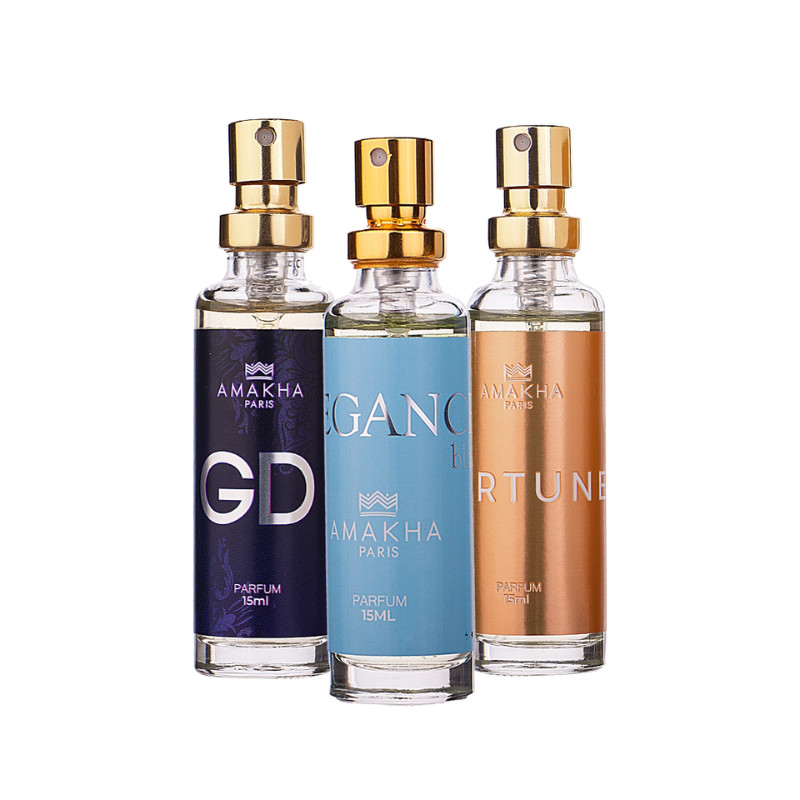 Kit com 3 Perfumes de Bolso 15ml Best-Sellers: GD + Elegance Light Blue + Fortune | Amakha Paris em Oferta na Shopee