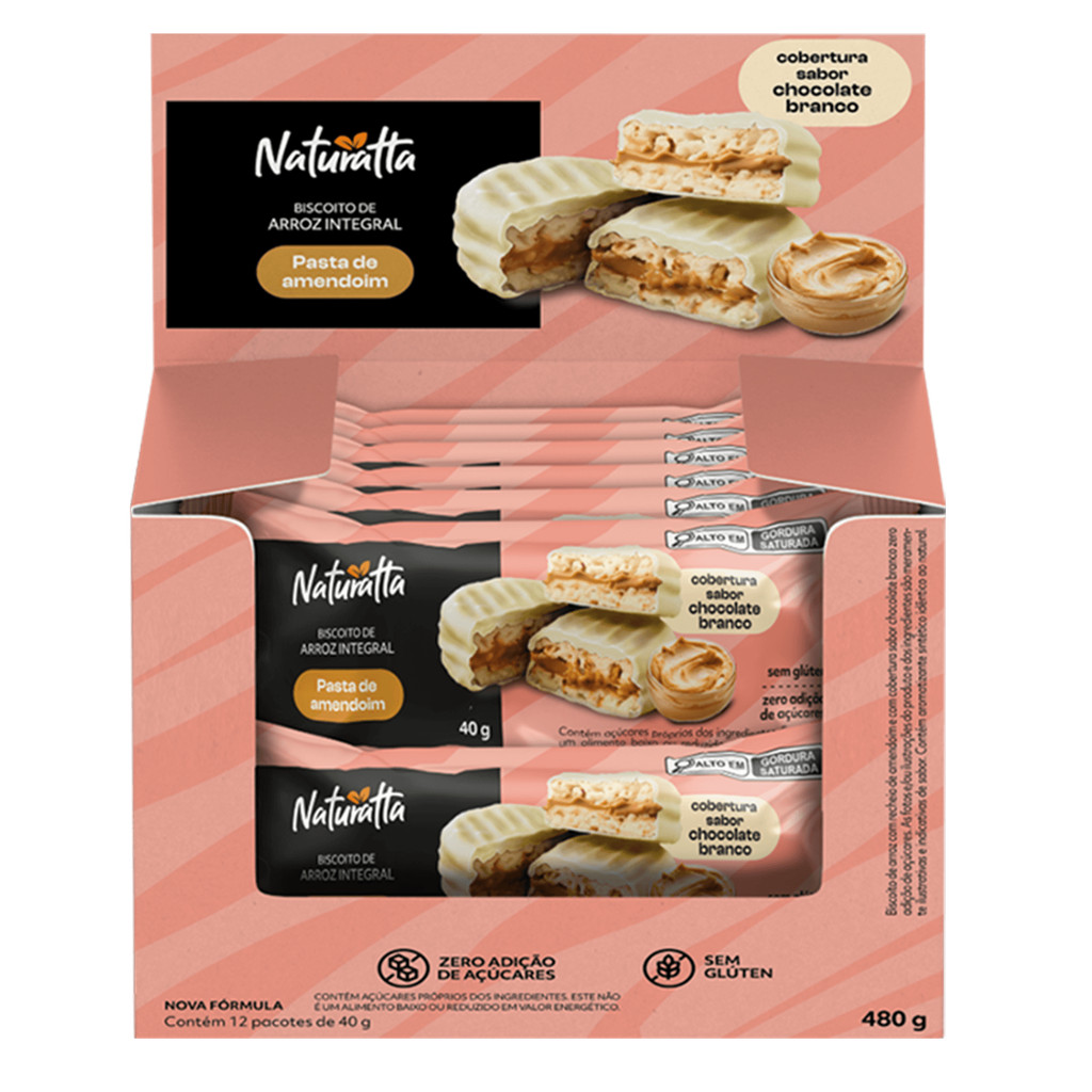Kit Biscoito Arroz Amendoim Coberto Branco Zero Açúcar Naturatta 40G - 12 Unidades - Food & Beverages