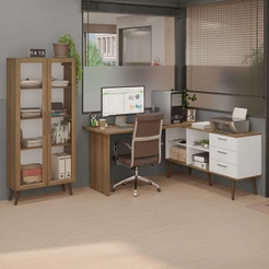 Kit 2 Peças com Escrivaninha em L 3 Gavetas e Armário Multiuso com Vidro Rustic/Branco Madesa