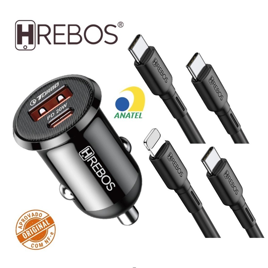 Kit Carregador Veicular Mini 20w Turbo Duplo USB A + Type C Compatível Android iPhone Pro Max